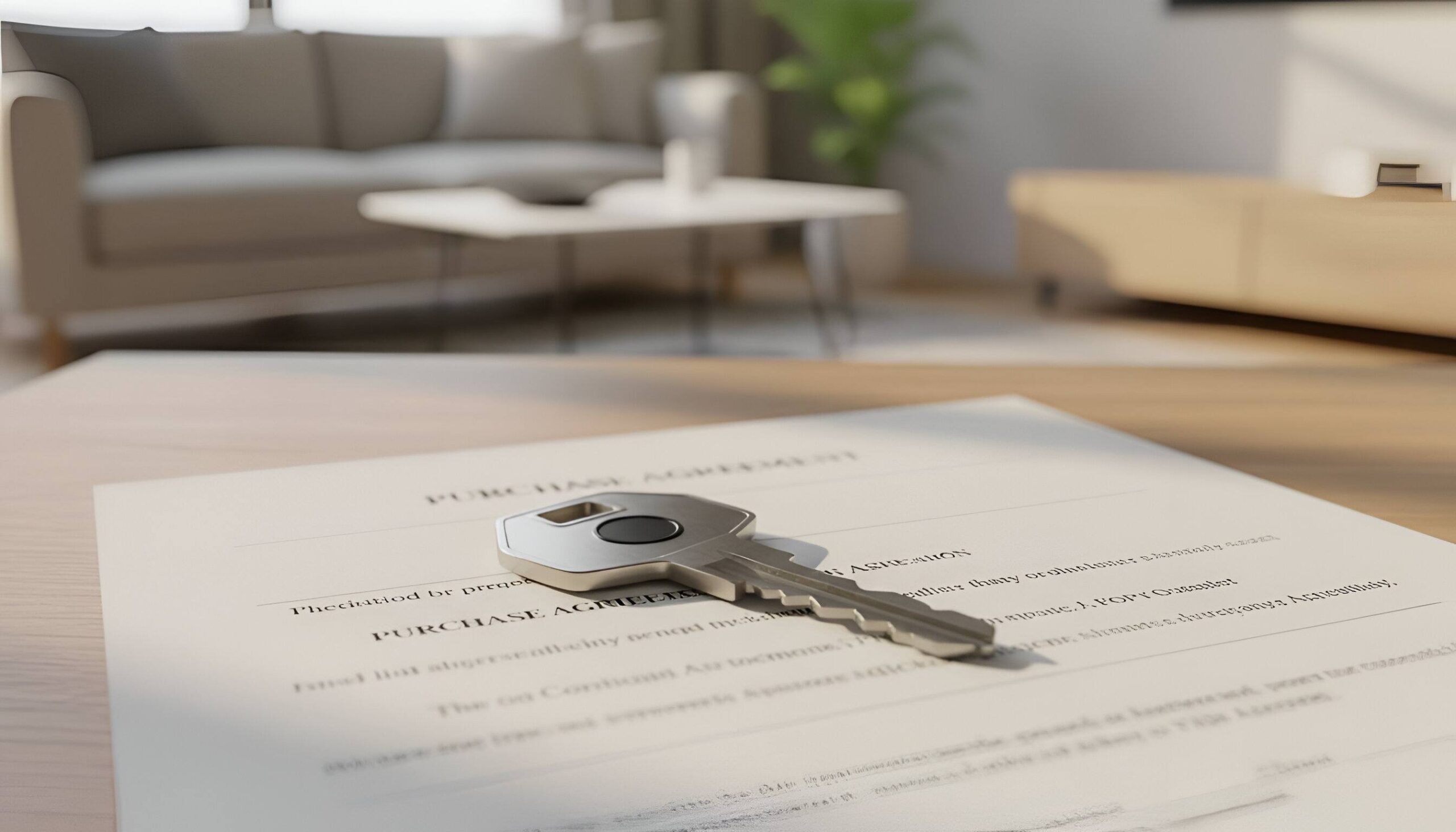 House key on a document on a table in a living room with furniture in the background.