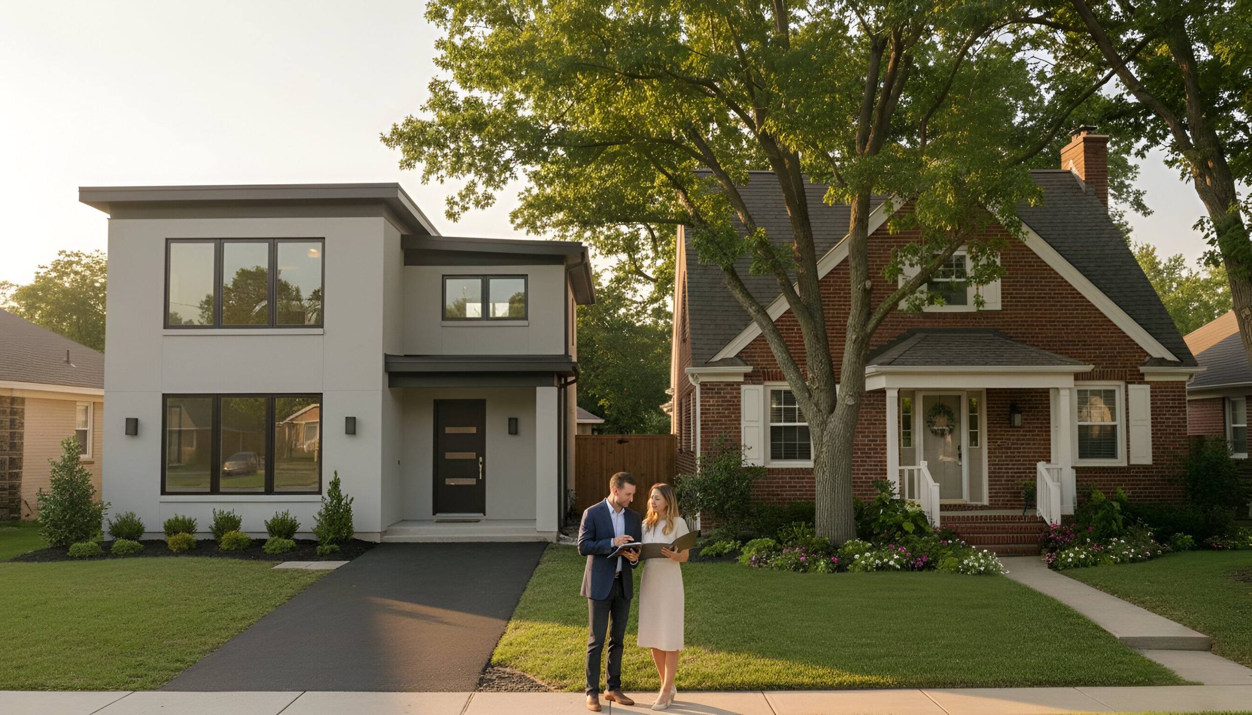 Couple on sidewalk looking at a tablet in front of two houses California real estate.