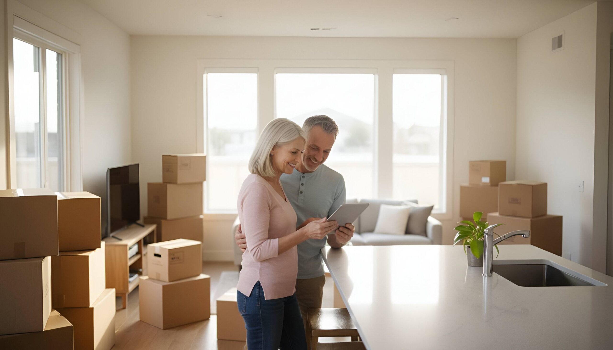 Older couple inside their new home looking at a tablet with moving boxes around.