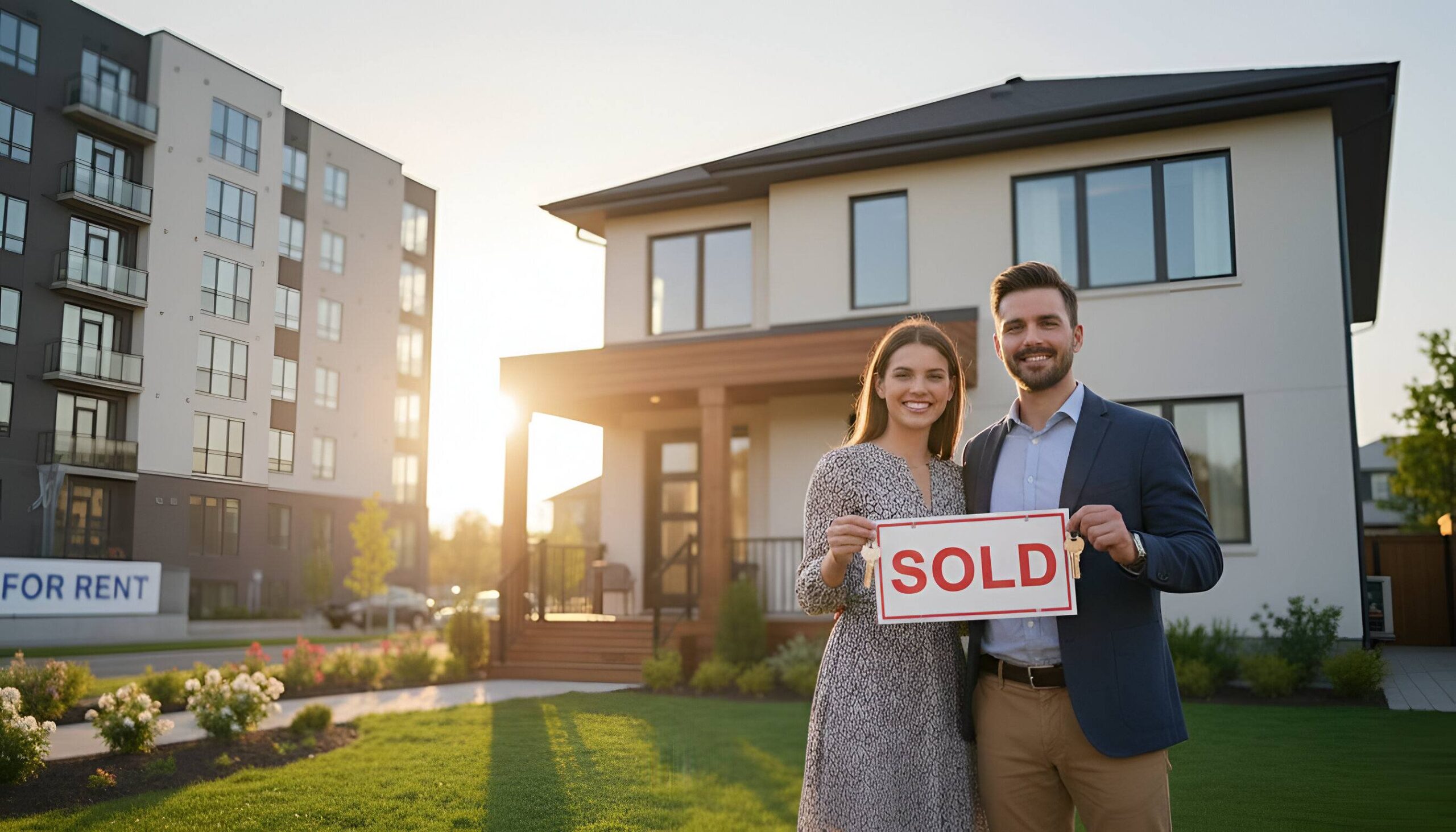 Couple holding a SOLD sign outside a house California real estate with city skyline in the background.
