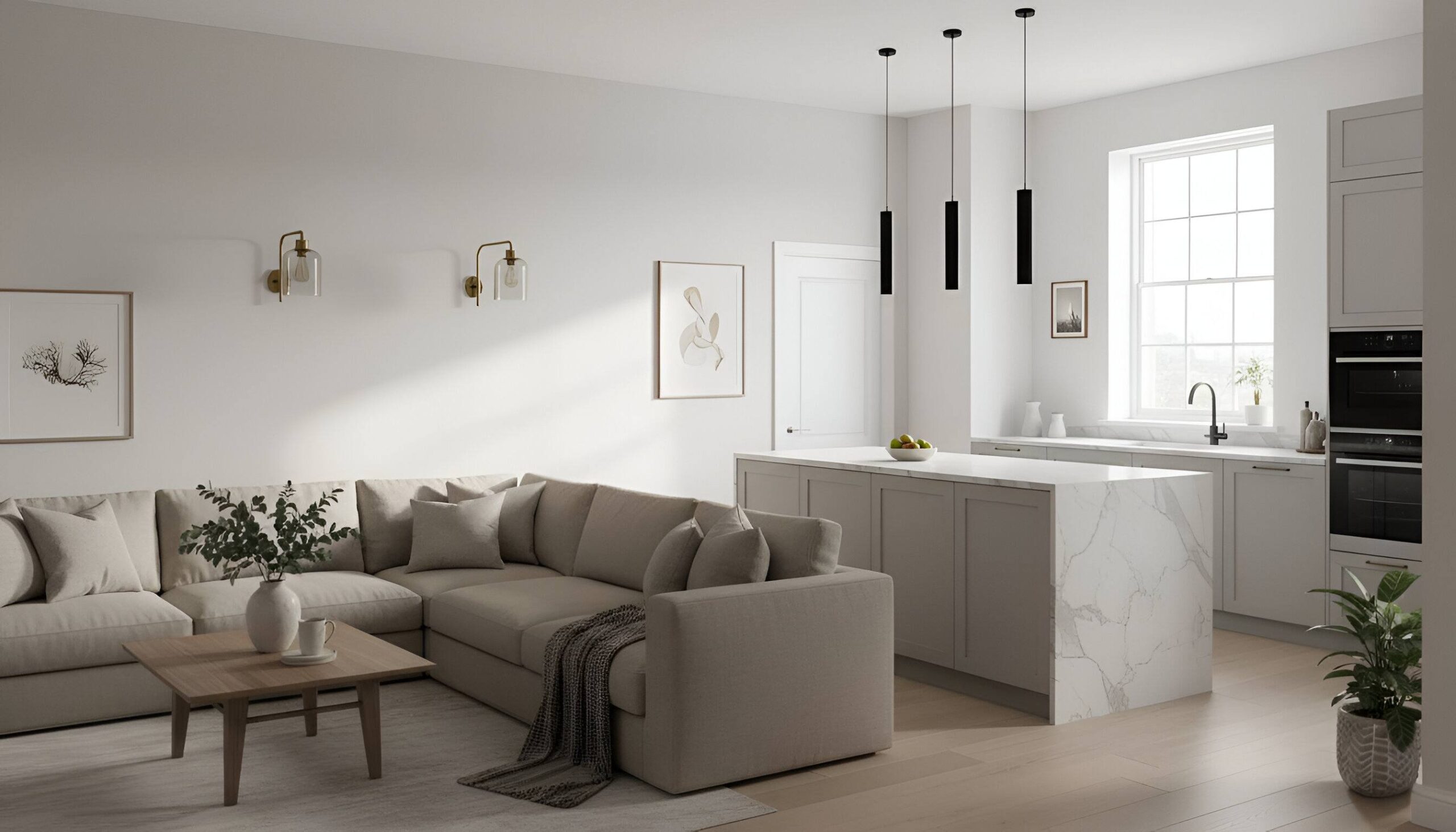 Living room with light sofa, coffee table, and open kitchen with marble island and pendant lights.