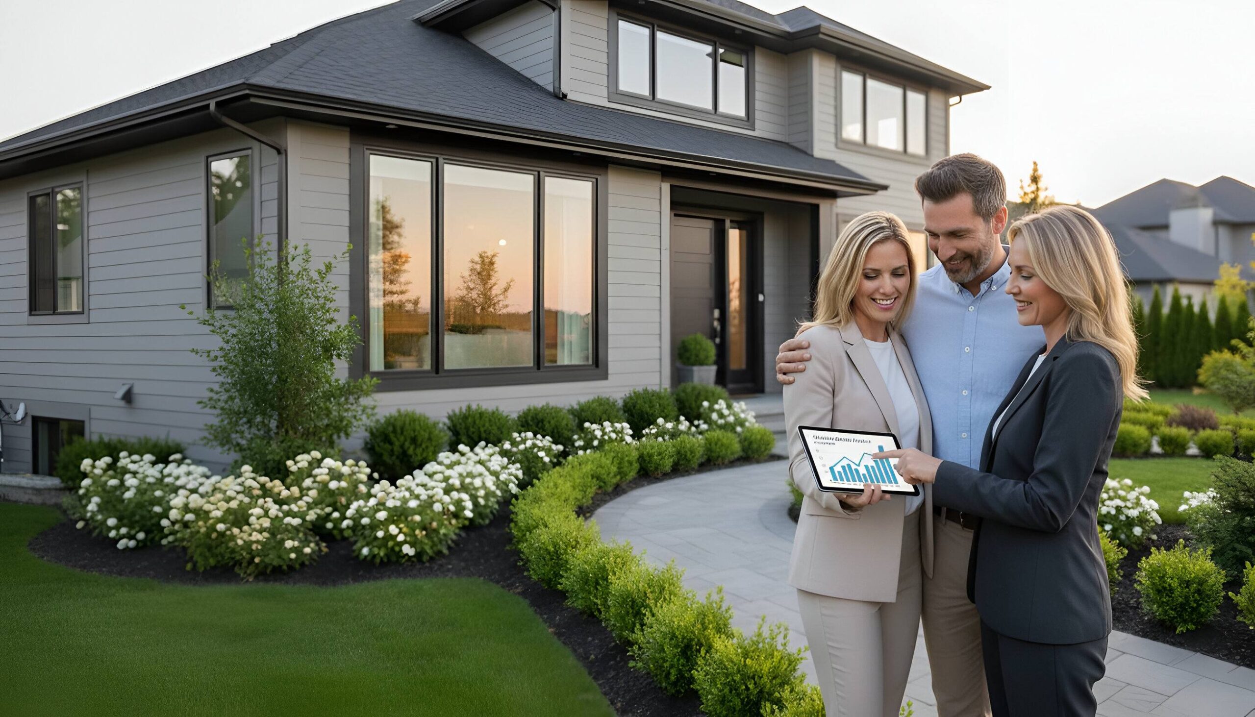 Real estate agent with couple standing outside a house California real estate looking at a tablet in the yard with flowers and plants.