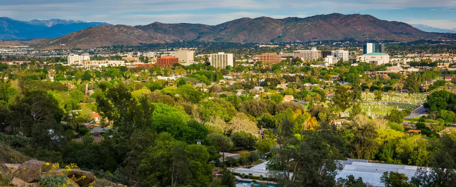 City view with houses California real estate, tall buildings, trees, and mountains.