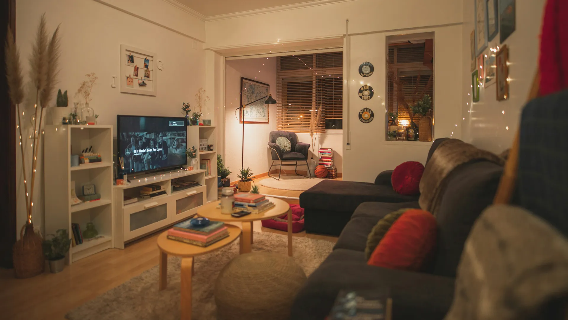 living room with sofa, TV, shelves, plants, and warm lights.